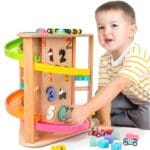 5-in-1 Wooden colourful racing track / puzzle / learning game with shapes and numbers