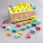 Wooden pull along Toy car Box with colourful numbers & shape blocks - Image 5