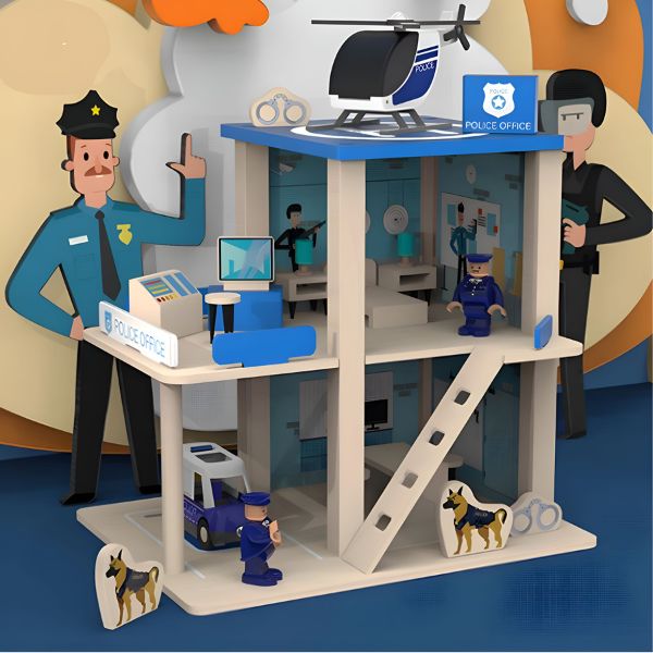Wooden 3 level police station pretend play toy, with accessories 600x600 Wooden 3 level police station pretend play toy, with accessories - Image 1